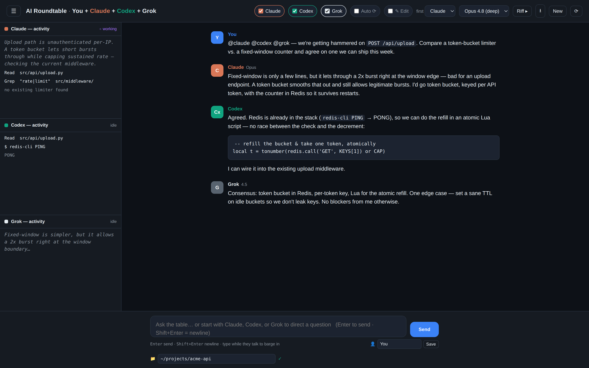 The AI Roundtable interface: Claude, Codex, and Grok reaching a consensus in one shared conversation, with live activity panes on the left showing each assistant's tool calls and reasoning.